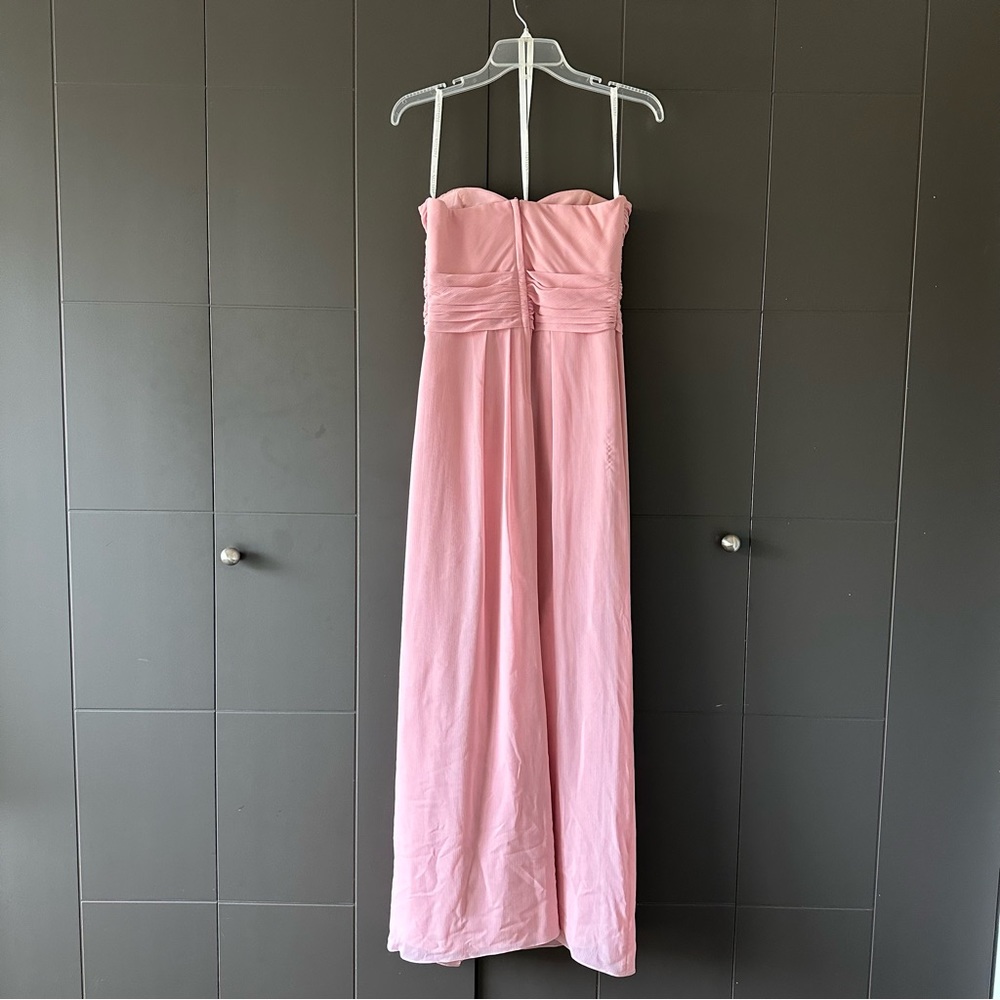David’s Bridal Strapless Crinkle Chiffon Dress with Cascade Skirt in Ballet Pink - Picture 3 of 3
